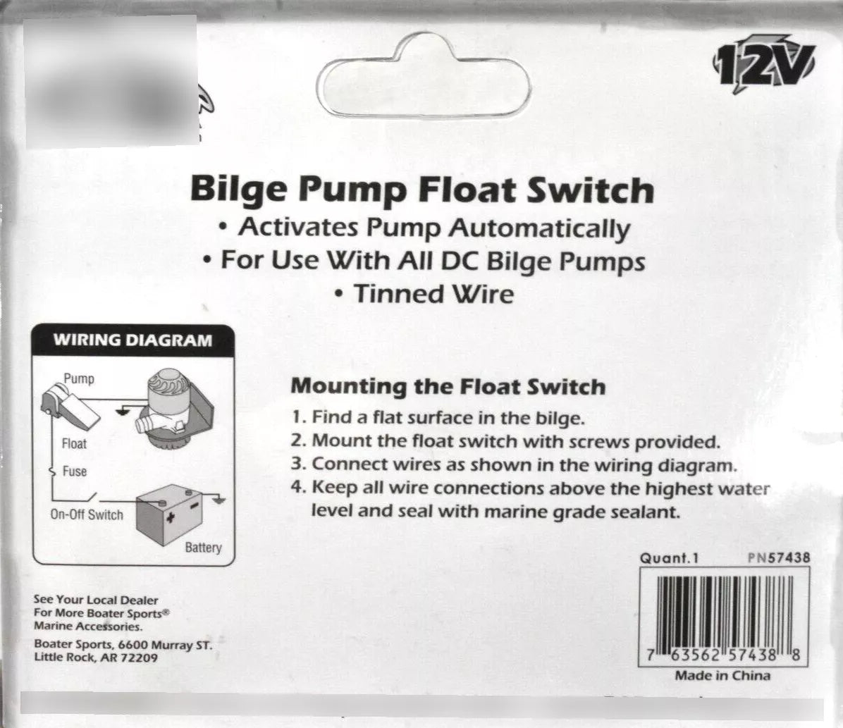 Automatic 12V Bilge Pump Float Switch for Boat Marine Water Removal | 15A | 57438