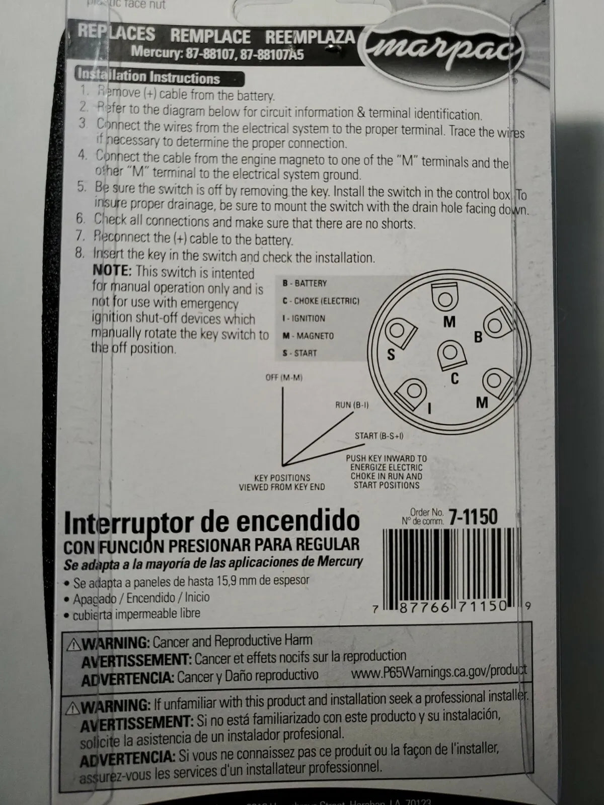 Boat Ignition Key Switch Push to Choke Mercury Outboard Off-On-Start 6 Terminals